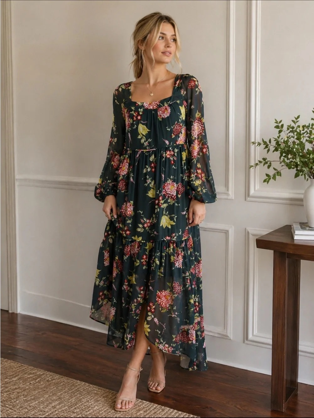Anthropologie Size 2X Dark Gray Evelin‎ Green Floral Boho Tiered Maxi Dress - Picture 3 of 13